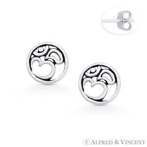Om Aum Symbol & Circle Stud Earrings in Oxidized .925 Sterling Silver
